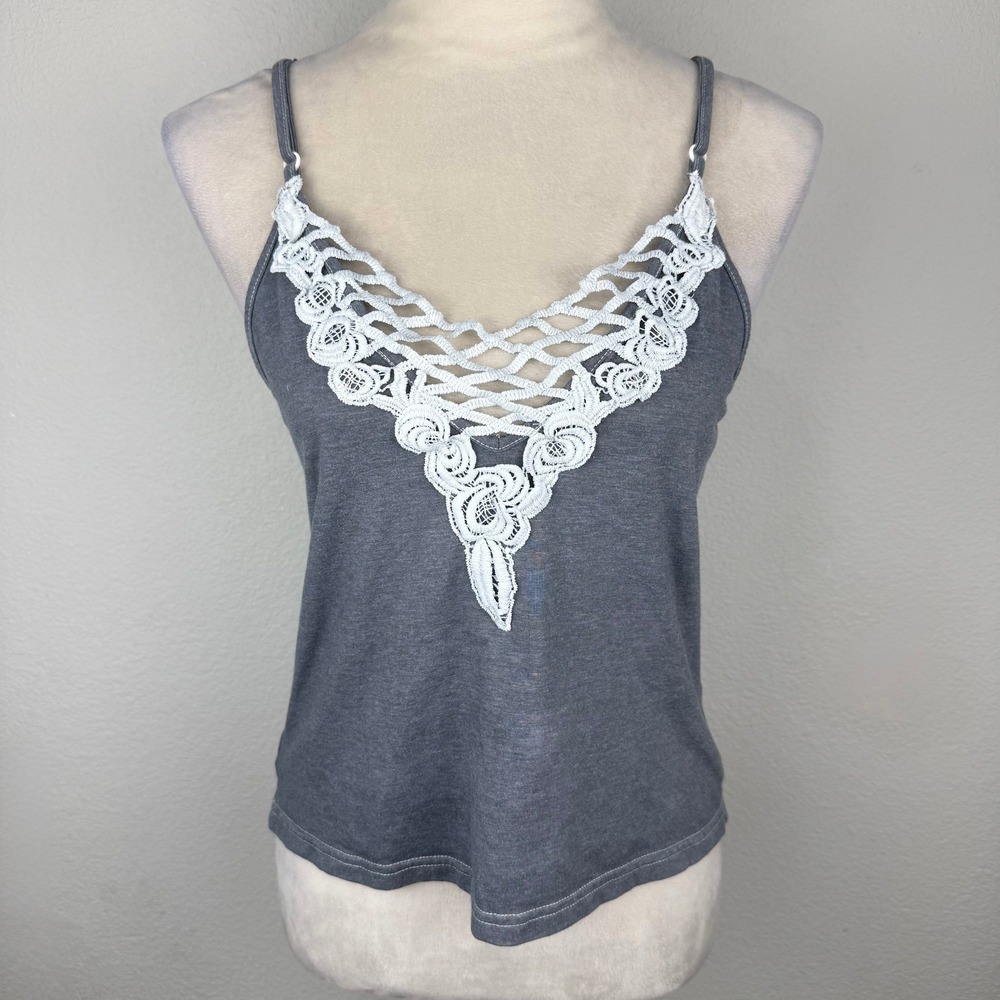 Gray Cami Top with White Crochet Lace V-Neck and Strappy Back Adjustable Straps